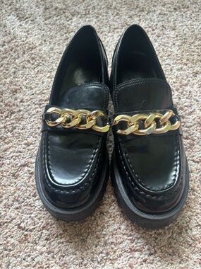 Guess Black Patent Loafers with Gold Chain Detail